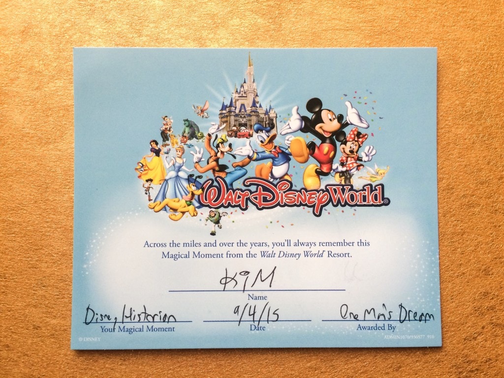 Walt Disney World Magical Moment Certificate