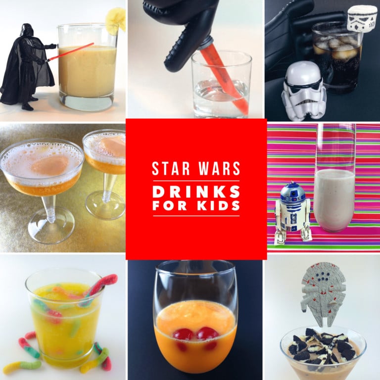 Collage of eight Star Wars-themed kids’ star wars drinks with character figurines and props, arranged around a red center square labeled “Star Wars Drinks for Kids” in white text.