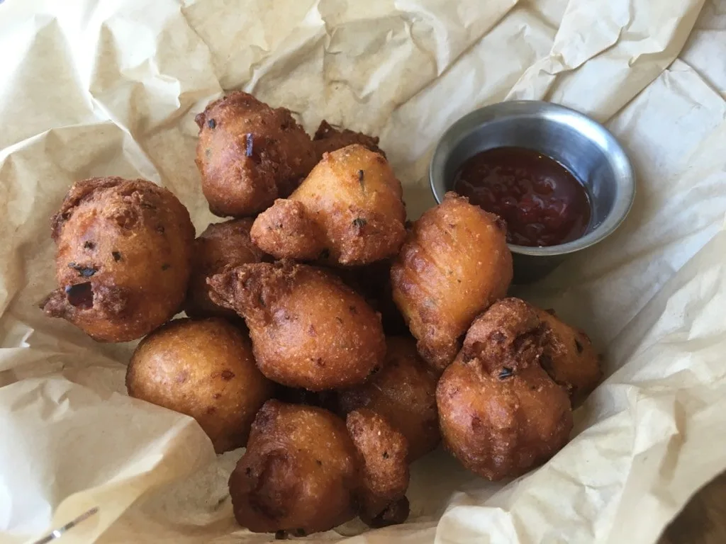 Pimento Cheese Hush Puppies with Red Pepper Jelly