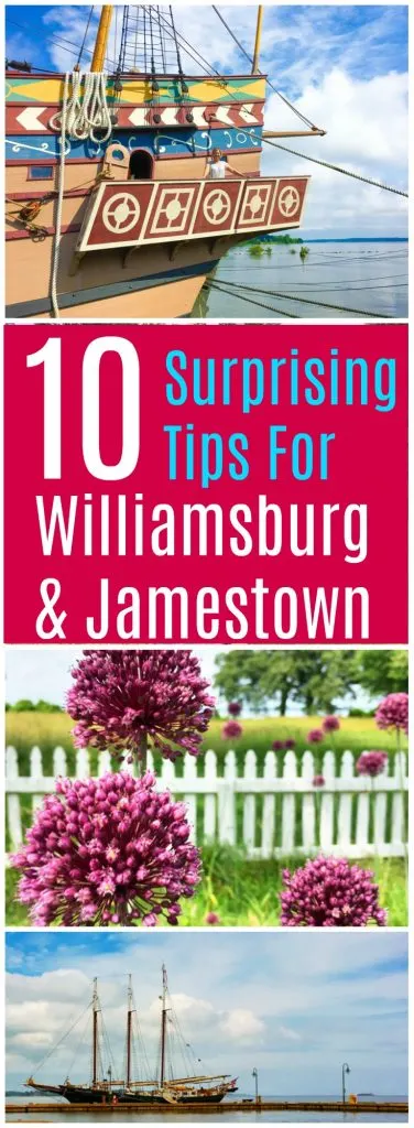 Colonial Williamsburg, Jamestown and Yorktown in Virginia are historical destinations. There are some surprising travel tips for the vacation destination. Save money and save time with these ideas! #Virginia #Williamsburg #Jamestown #Travel #JamestownVA
