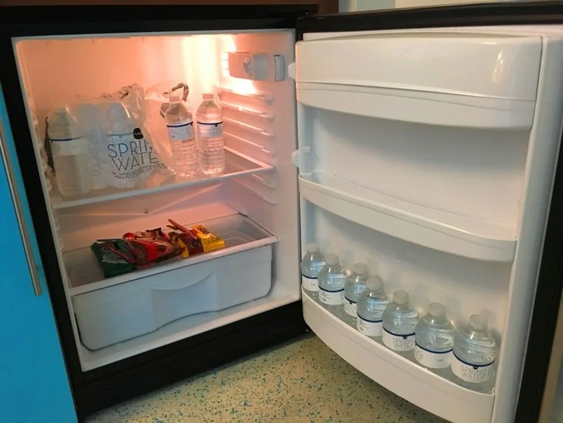 refrigerator in hotel room