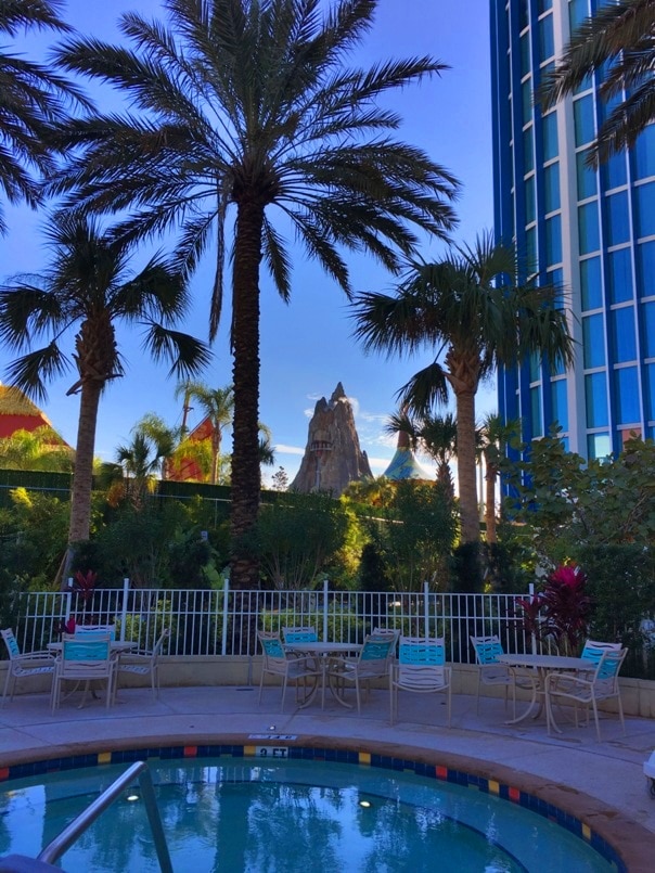 pool area at cabana bay hotel with volcano view