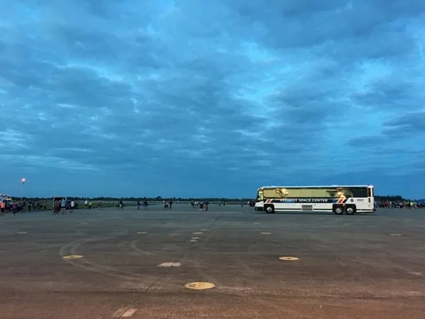 bus on runway at dawn