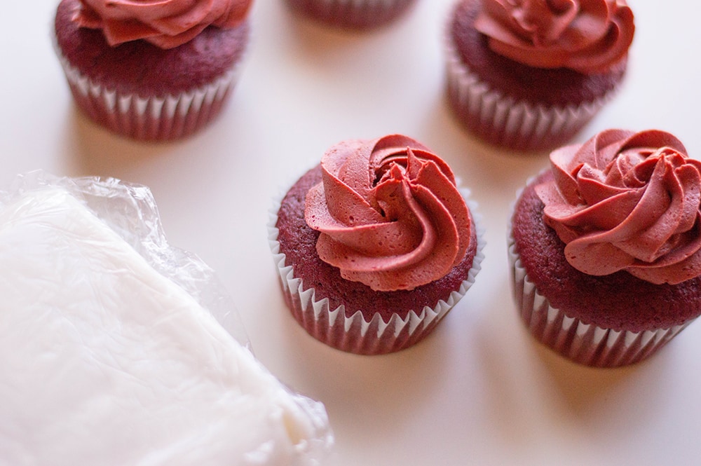 Red velvet cupcakes with red buttercream frosting