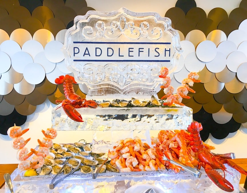 fresh seafood on a carved ice display at paddlefish orlando