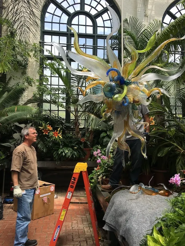 making Chihuly glass chandelier in conservatory