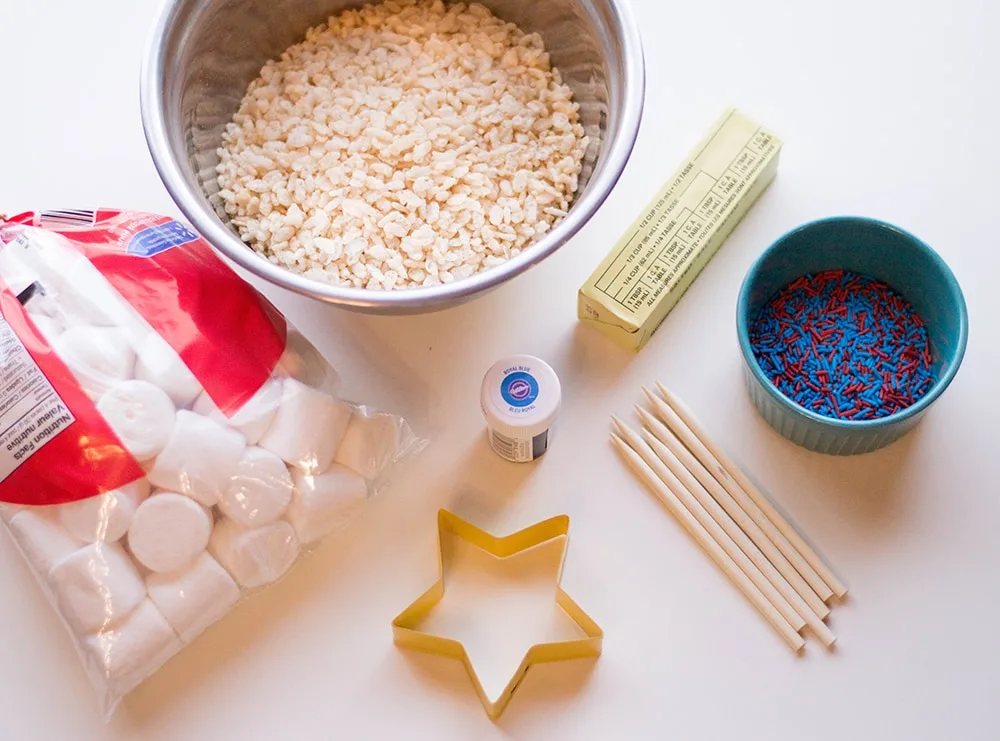 ingredients for patriotic red white and blue Rice Krispies treats 