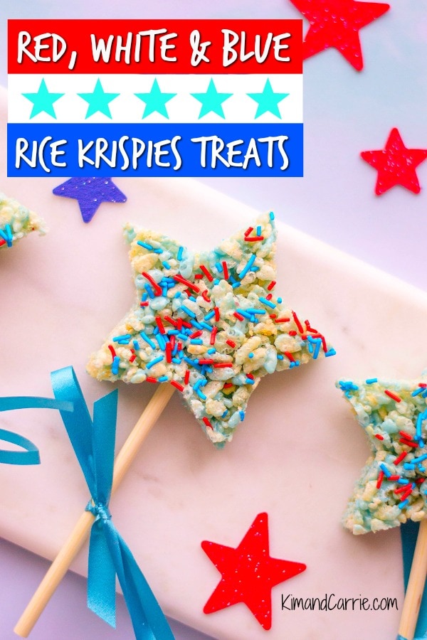 patriotic red white and blue Rice Krispies star shaped treats on a stick