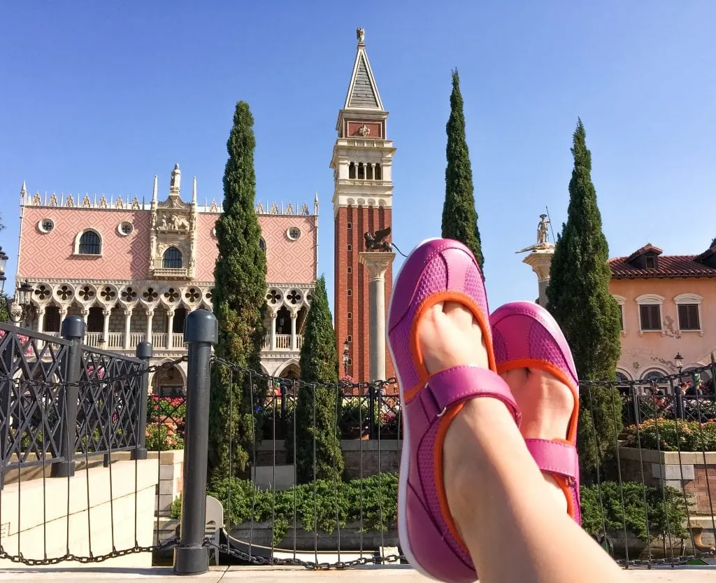 pink and orange comfortable shoes at Epcot pavilion Disney World