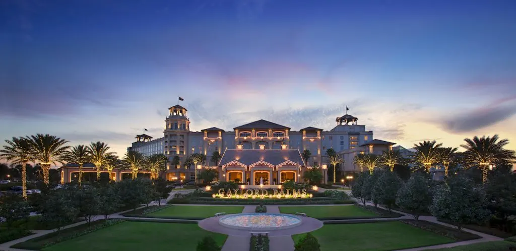 Gaylord Palms Resort in Orlando Florida exterior at dusk with lights