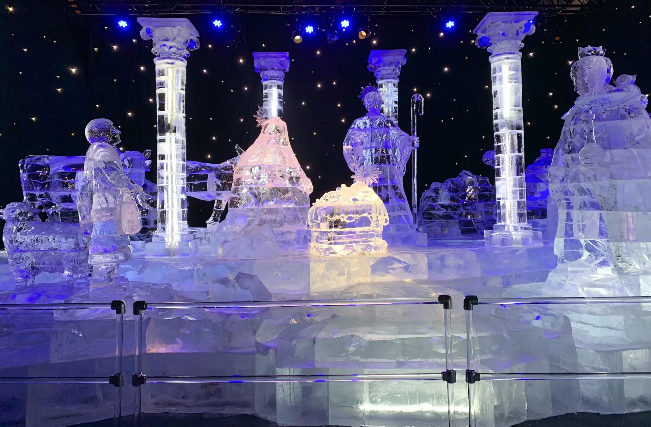 nativity carved from clear ice blocks