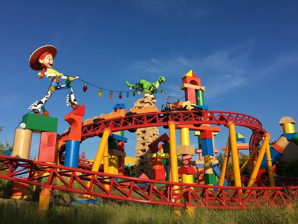 Red roller coaster track in Disney Toy Story Land