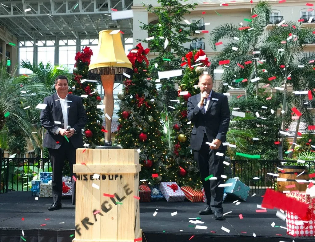 confetti flying through air and leg lamp from Christmas Story movie for 2018 ICE Gaylord Palms