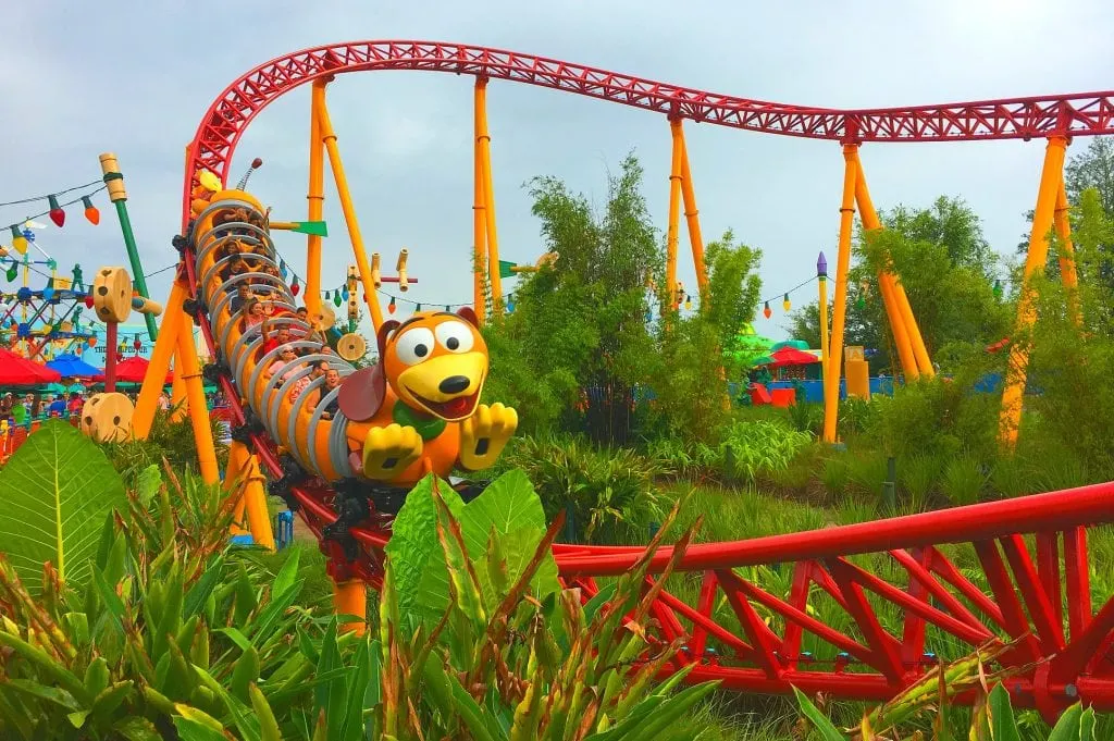 slinky dog roller coaster on a red track at Toy Story Land Disney World