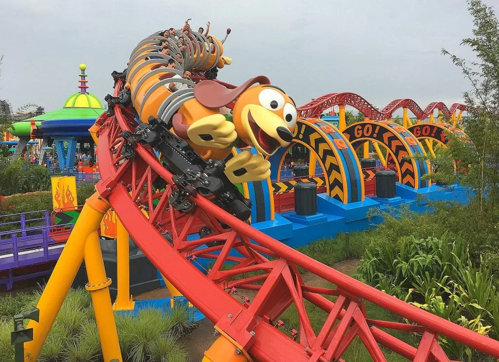 Slinky Dog Dash Toy Story Land Roller Coaster on red track at Disney World