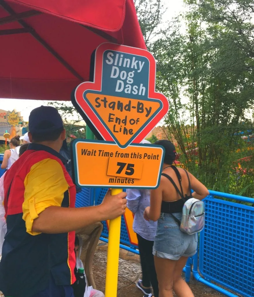 sign for wait time for slinky dog dash at Toy Story Land