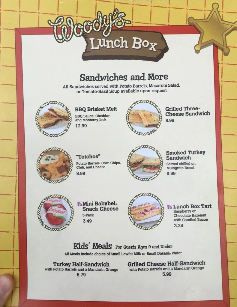 menu for Woody's Lunch Box Toy Story Land