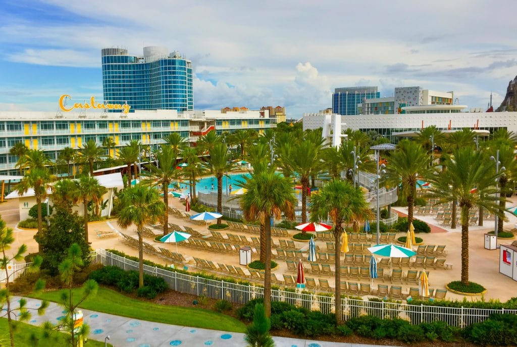 aerial view from top of Universal Orlando hotel cabana bay resort with Aventura Hotel in distance