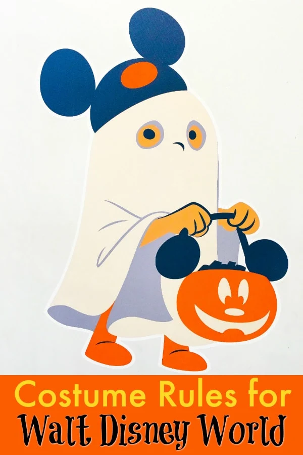cartoon child wearing a white sheet ghost costume with Mickey Mouse ears hat holding an orange pumpkin with mouse ears