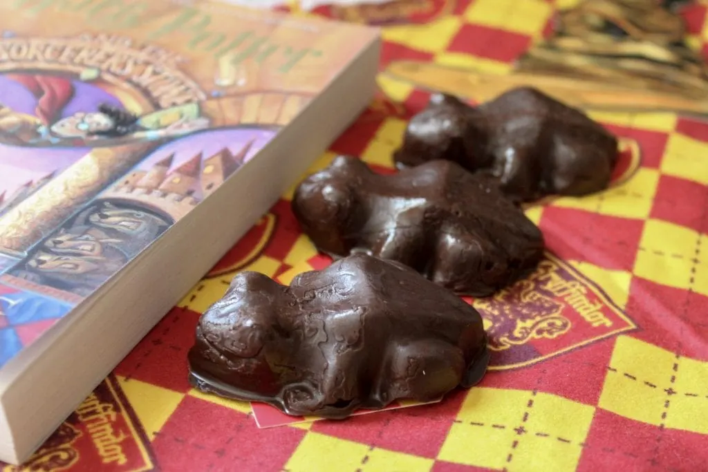 chocolate frogs candy next to Harry Potter book 