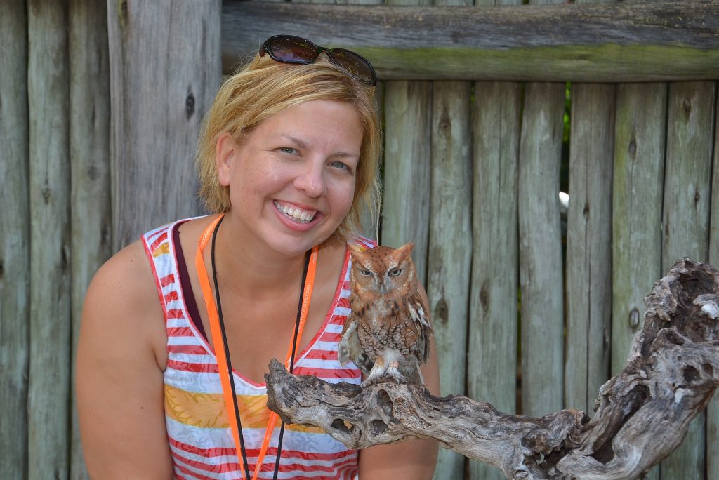 Kim with Owl Discovery Cove Aviary Orlando Animal Trek Experience