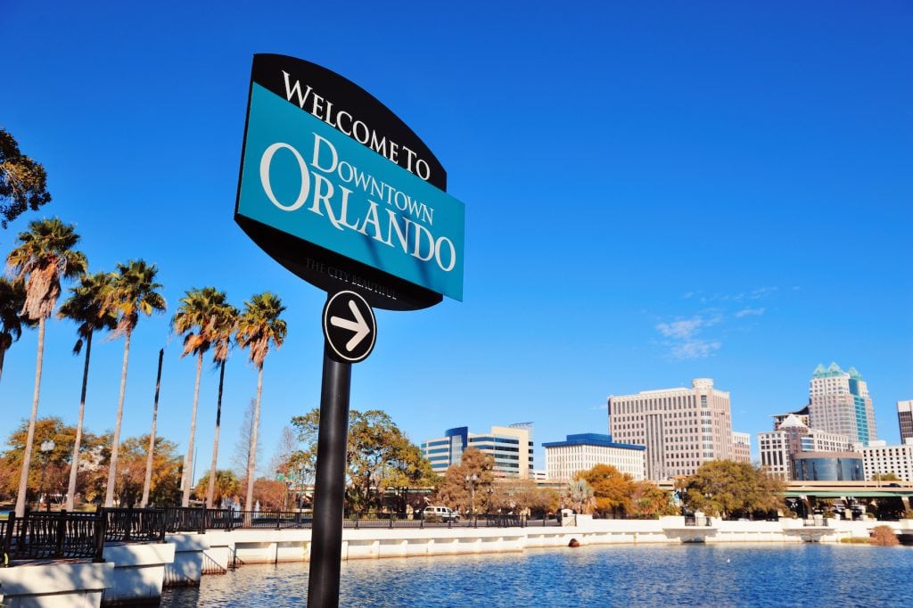 Orlando downtown welcome sign with tropical scene