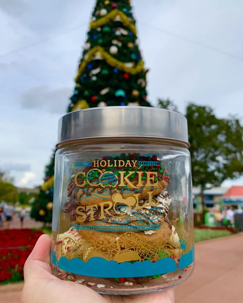 epcot holiday cookie stroll glass jar in front of Christmas tree