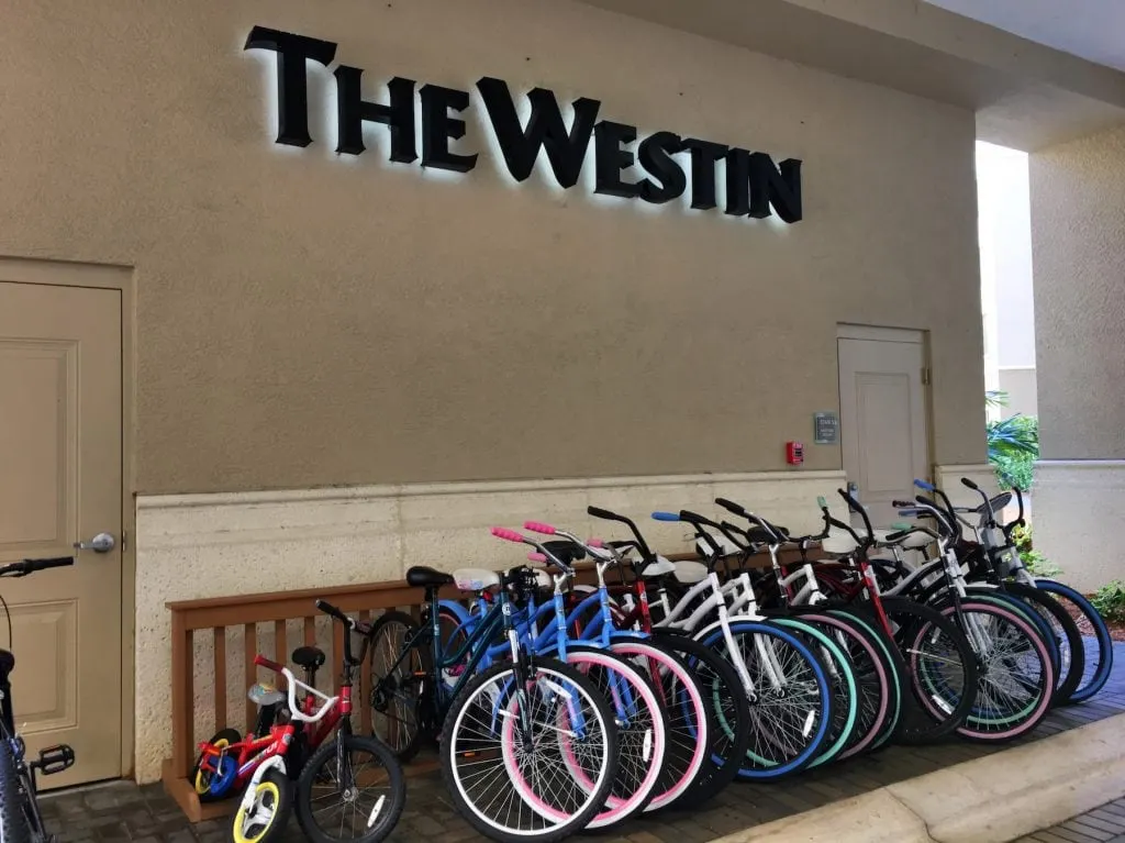 brightly colored bikes lined up under Westin sign in Cape Coral FL