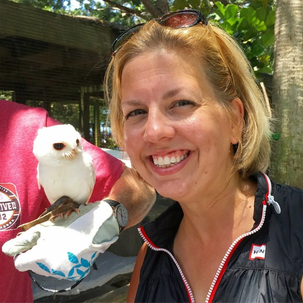 Kim with white rescued owl peace river wildlife center Punta Gorda fl