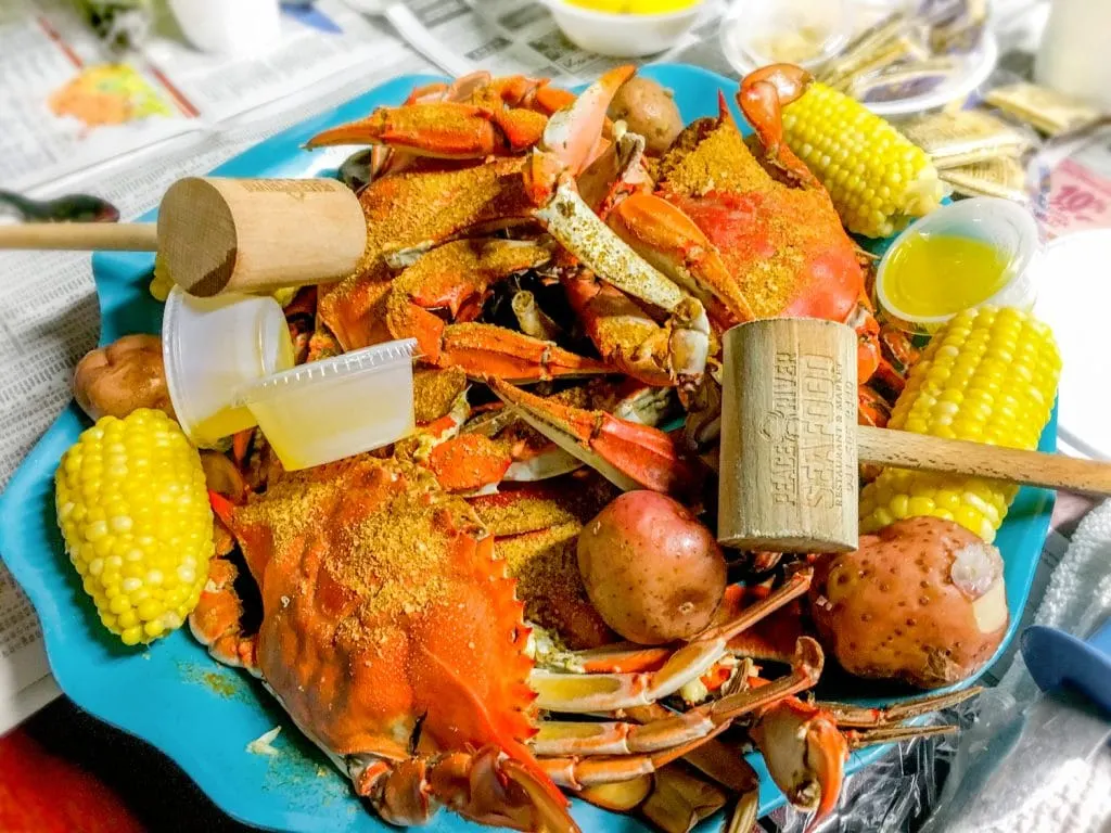 crabs potatoes corn on the cob with wooden mallet peace river seafood Punta Gorda fl