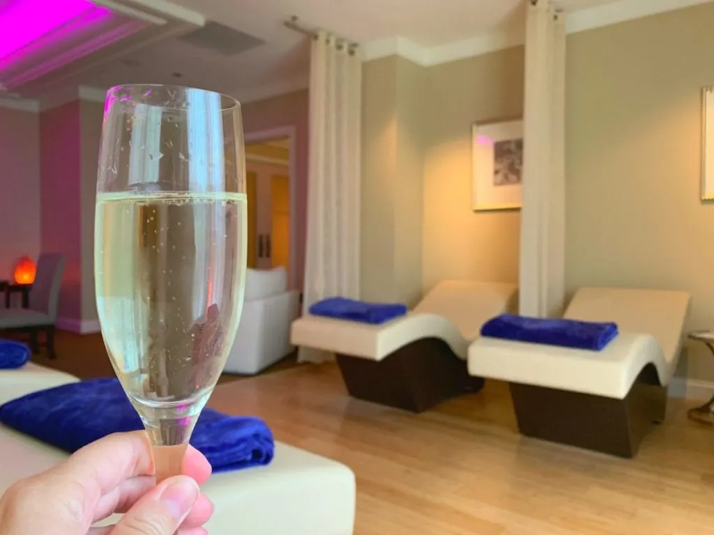 glass of champagne in spa lounge Waldorf Astoria Orlando