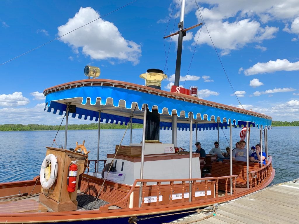 disney boat transportation at dock on Bay Lake