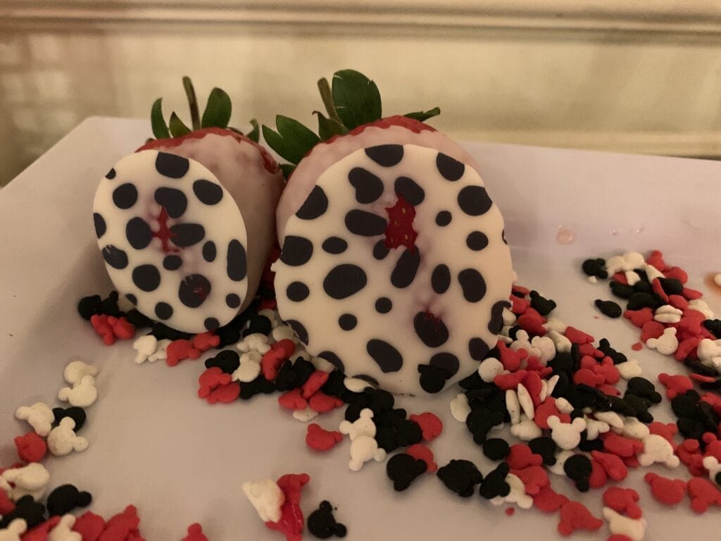 black and white candy coated strawberries dessert party