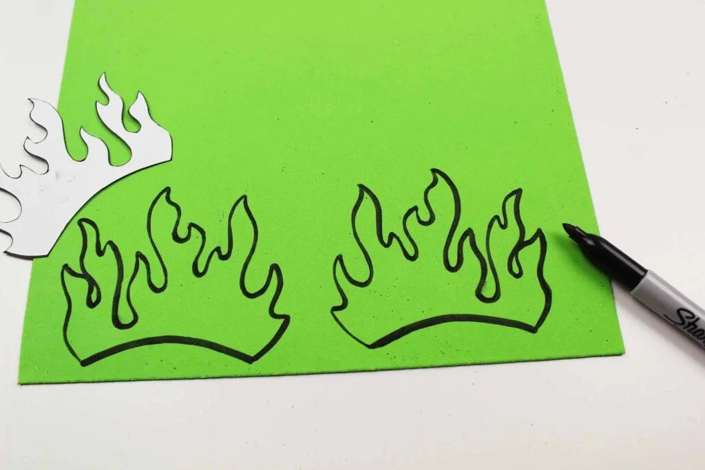 green foam with fire template drawn on it