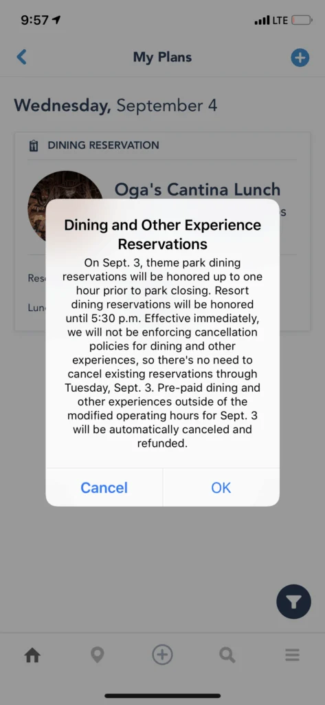 Disney World restaurant reservation cancellation policy hurricane