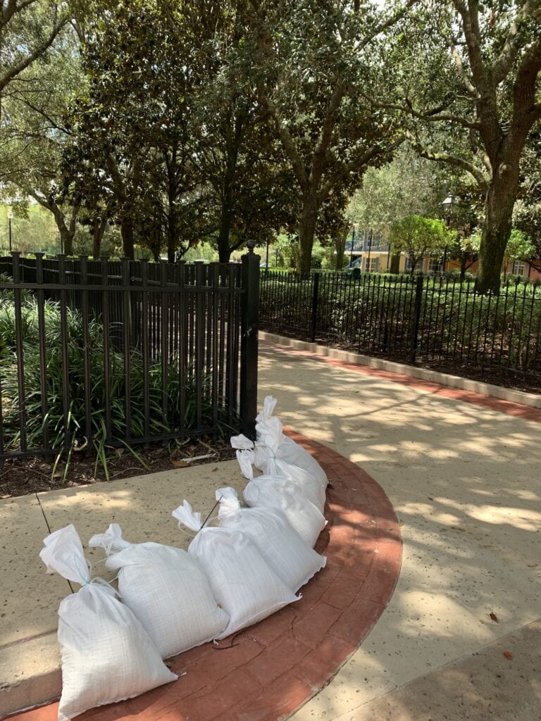sandbags on storm drain at Walt Disney World hotel