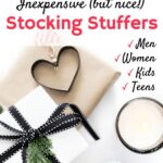 stocking stuffers gifts wrapped in white and brown paper with black bows