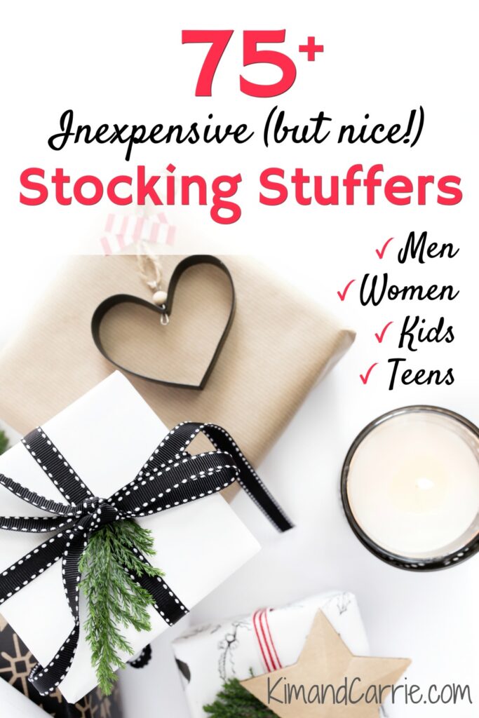 stocking stuffers gifts wrapped in white and brown paper with black bows