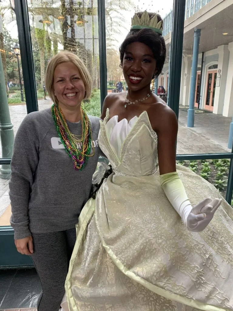 Kim with princess Tiana at Disney's port Orleans French quarter resort