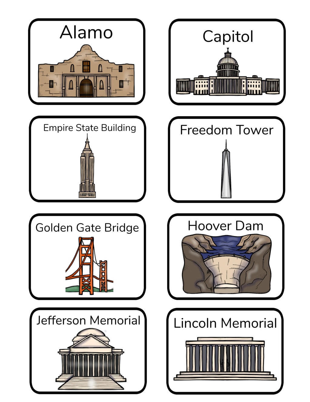 U.S. National Landmarks Memory Matching Game and Worksheets