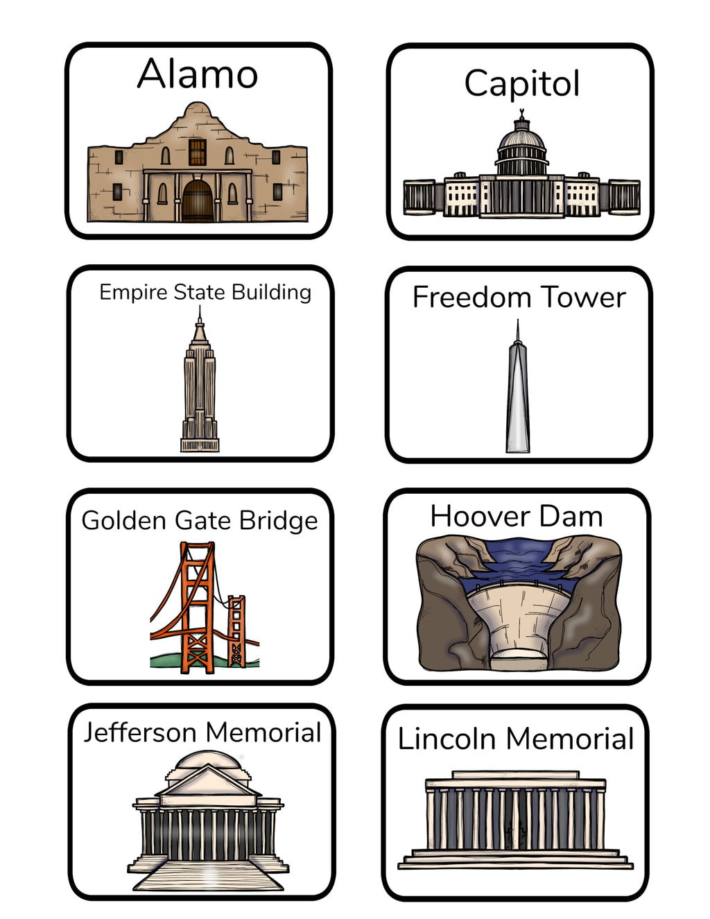 us national landmarks memory matching game and worksheets kim and