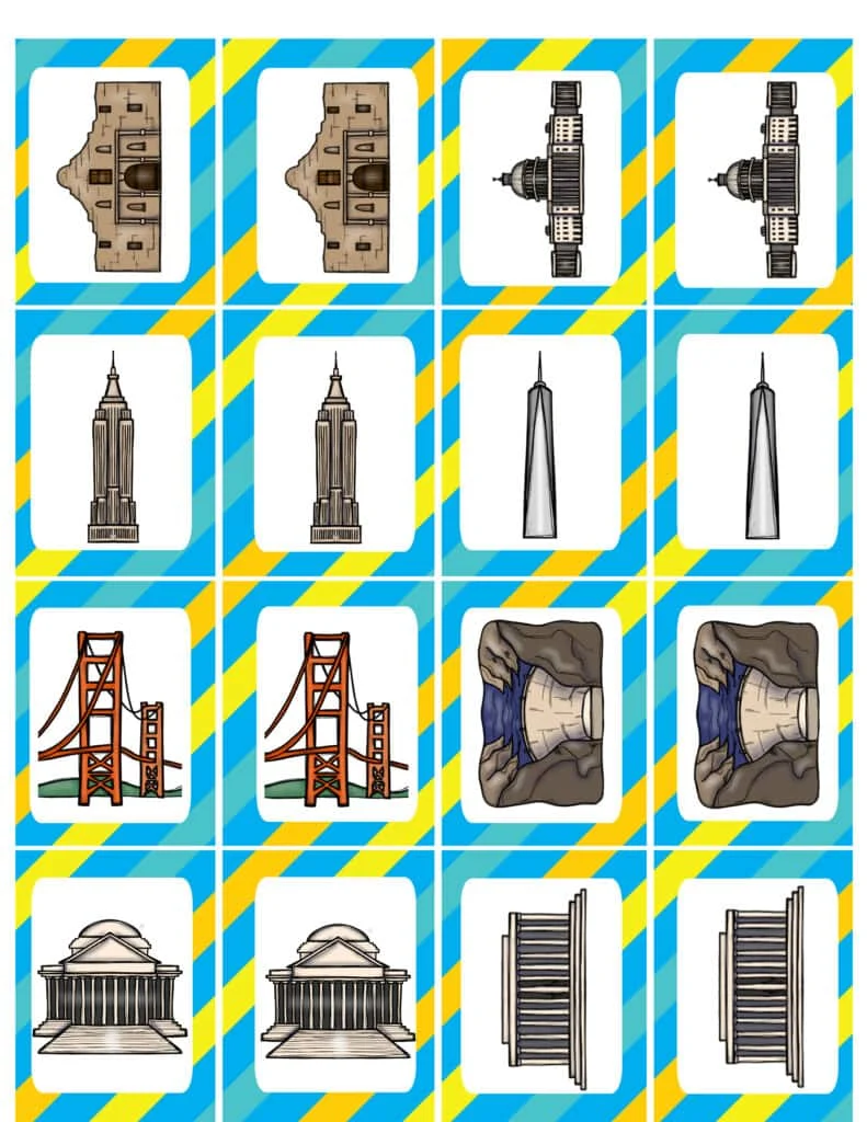 National landmarks on matching game pieces