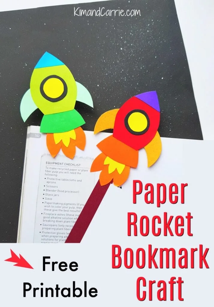 paper rocket craft bookmarks on book page