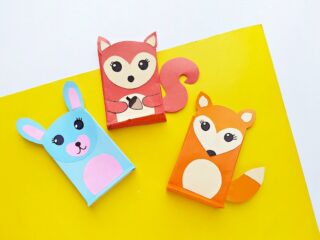 Paper Bag Puppet Fox Templates on yellow background