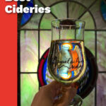 glass of apple cider held in front of a stained glass window