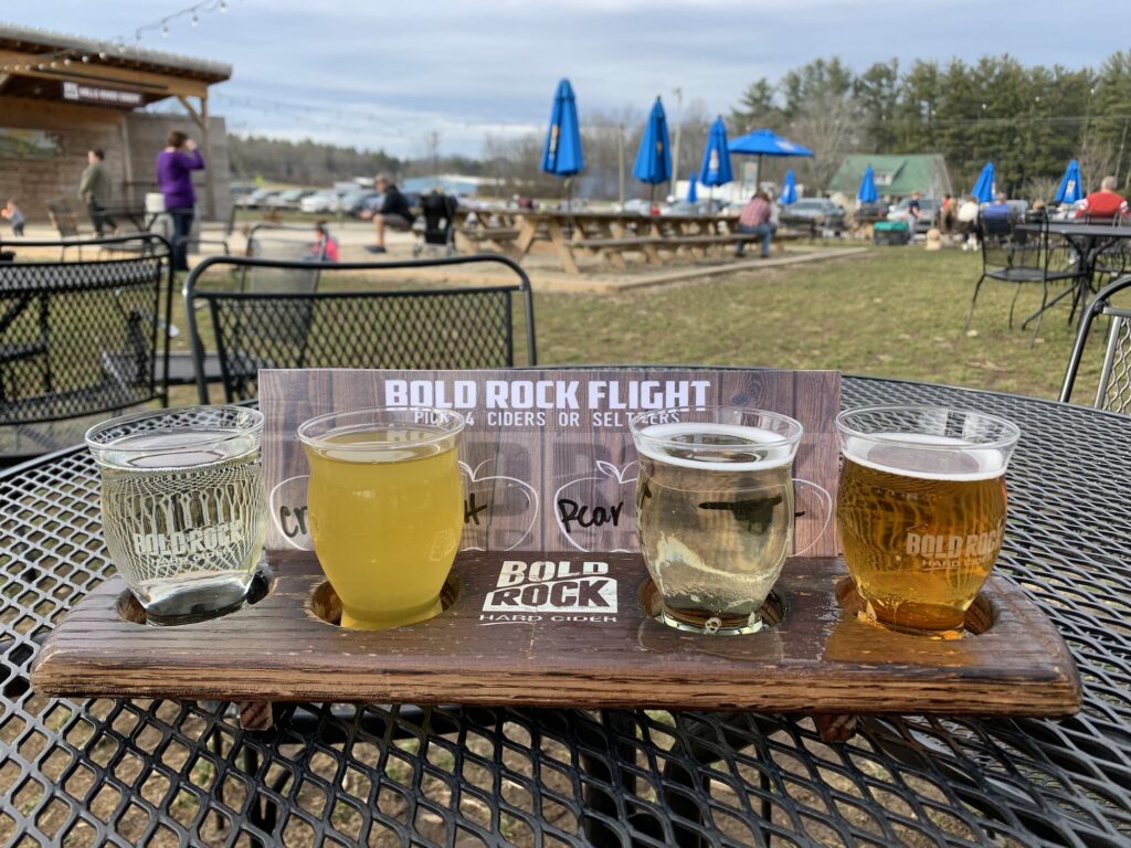 flight of four different ciders at Bold Rock Mills River