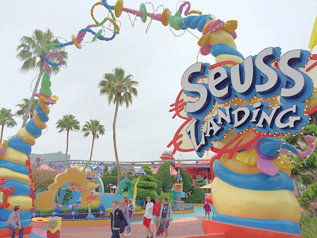 brightly colored entrance to Seuss Landing land