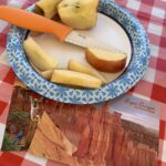 apple cut into slices on paper plate on picnic table in National park