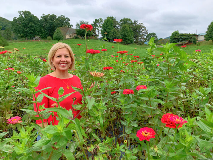 woman standing in flower field surrounded by red zinnias