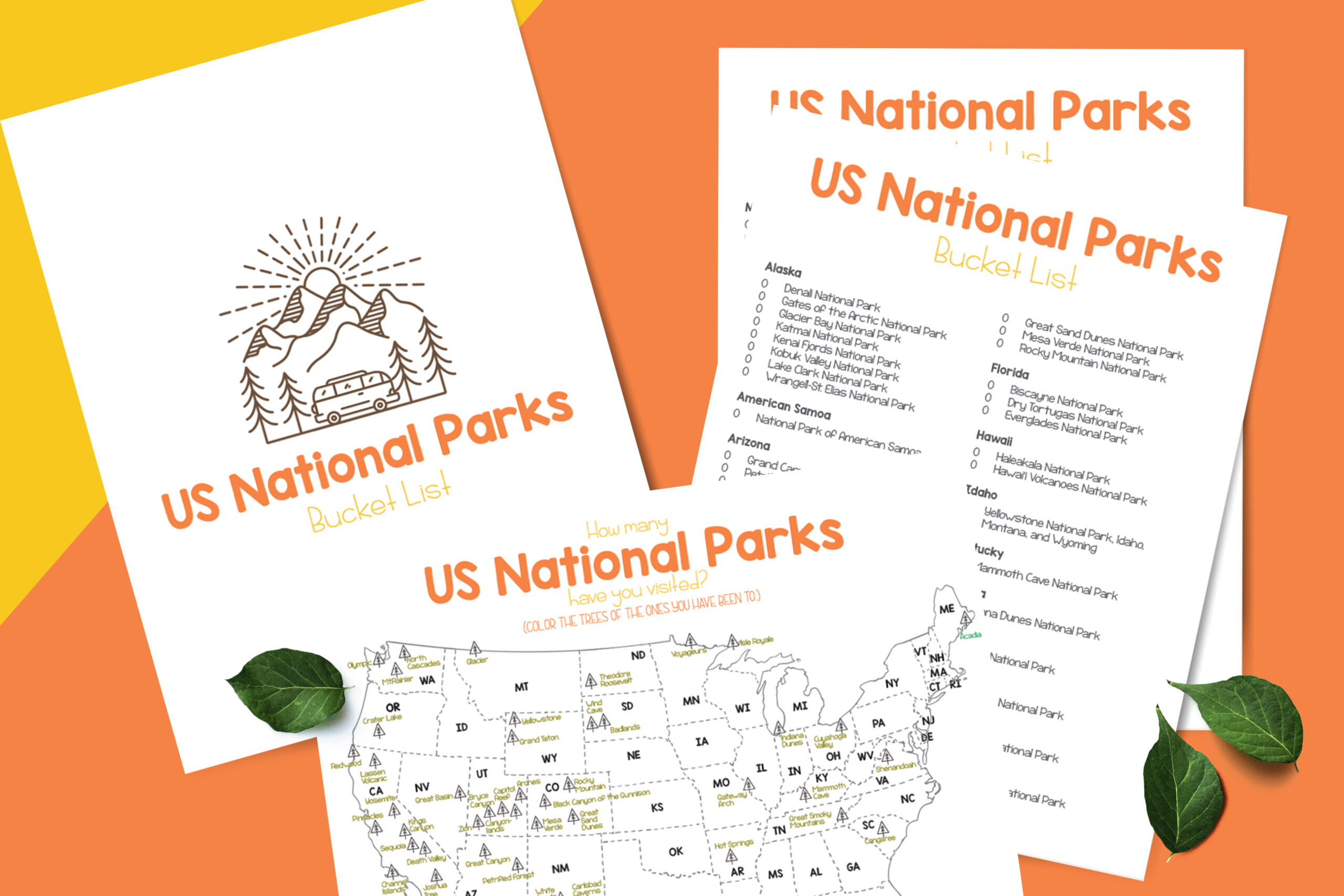 printable US National Parks map and checklist on orange background